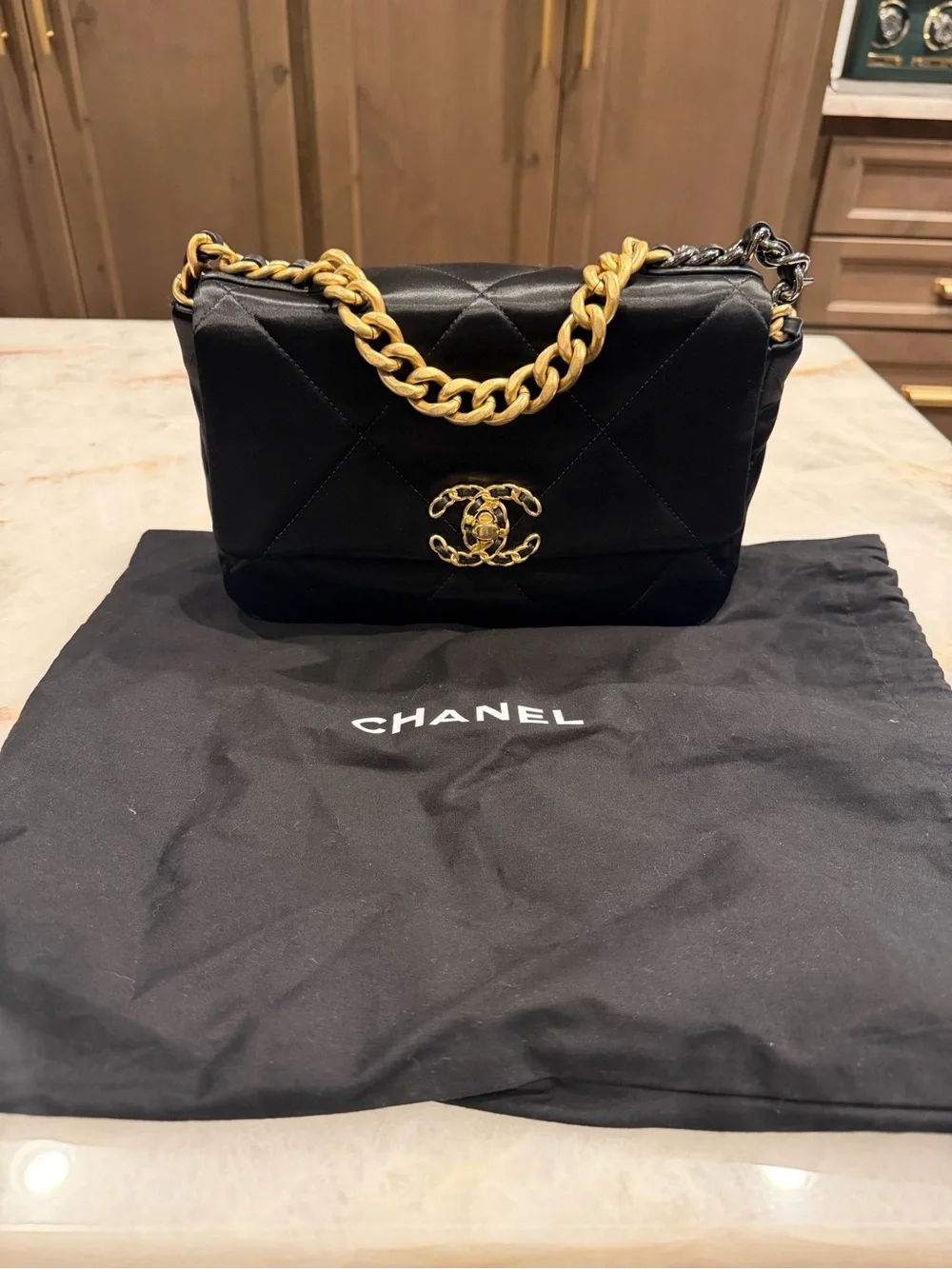 Chanel 19 - medium, satin Black, mixed hardware.